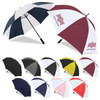 Two large umbrellas in navy and white, and maroon and white, alongside a variety of black, grey, yellow, and red umbrellas.