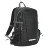 A sleek black backpack with multiple compartments, adjustable straps, and a mesh side pocket. It features a logo.