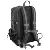 A black backpack with grey straps, featuring multiple compartments and a mesh side pocket. It has a logo on the front.
