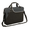 A black and grey laptop bag with a shoulder strap, featuring a logo on the front.