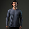 A long-sleeve grey t-shirt on a model, featuring a logo. The fabric appears lightweight and suitable for active wear.