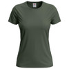 A green women's classic T-shirt with a round neckline and short sleeves, featuring a logo on the label.