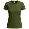 A women's classic T-shirt in olive green, featuring a round neckline and short sleeves. It has a logo on the label.