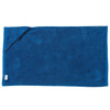 A blue gym towel featuring a pocket and a logo. It's made of soft, absorbent fabric, perfect for workouts.