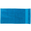 A large, rectangular beach towel in vibrant blue, featuring a solid colour design and a branding logo.