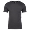A grey crew neck t-shirt made of cotton, featuring short sleeves and a logo.