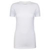 A white women's crew neck t-shirt with short sleeves and a fitted design. It features a simple logo.