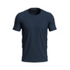 A navy blue crew neck t-shirt with short sleeves and a fitted design. Features a logo.