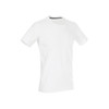 A white crew neck t-shirt with short sleeves and a subtle logo detail.