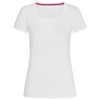 A white women's crew neck t-shirt with short sleeves and a coloured neckline. Includes a logo.