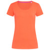 A women's crew neck t-shirt in vibrant orange with short sleeves and a scoop neckline, featuring a logo.