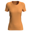 An orange women's active sports T-shirt with a round neck and short sleeves. It features a logo.