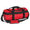 A red duffle bag with black straps and a handle, featuring a logo and adjustable shoulder strap.