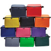 A stack of colourful cooler bags in purple, yellow, green, orange, pink, blue, black, and grey, featuring zippers and handles.