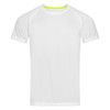 A white men's active t-shirt with short sleeves and a contrasting neon neckline. Features a logo on the design.