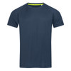A navy blue men's active T-shirt with a raglan design and a contrasting lime green collar. It features a logo.
