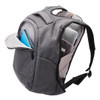 A grey anti-theft backpack with multiple compartments, featuring a laptop sleeve and a carry handle.