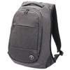 A grey anti-theft backpack featuring multiple compartments and a logo on the front.