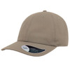 A beige dad hat with a curved brim and an adjustable strap, featuring a logo on the side.