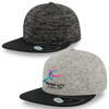 A promotional cap in black and grey with a flat peak, featuring a logo on the front.