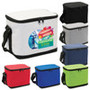 A cooler bag featuring a variety of colours, including white, black, grey, red, blue, and green. It has a logo.