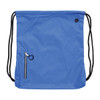 A blue drawstring bag featuring a zippered pocket and black straps, complete with a logo.