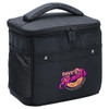 A black cooler bag featuring a zippered top, handle, and branding on the front.