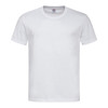 A plain white heavyweight comfort T-shirt with a crew neck and short sleeves. It features a logo tag on the neckline.