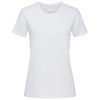 A white women's heavyweight comfort T-shirt with a crew neck and short sleeves. It features a logo on the label.