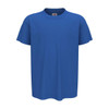 A blue organic crew neck t-shirt for kids, featuring short sleeves and a simple design. It includes a logo.