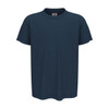 Organic crew neck t-shirt in navy blue, featuring short sleeves and a brand label on the inside.