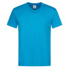 A blue men’s classic V-neck T-shirt with short sleeves and a label inside. It features a logo on the tag.
