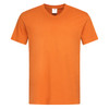 An orange V-neck T-shirt with short sleeves, featuring a label and a logo on the neckline.