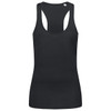 A black women's active tank top with a racerback design and a simple logo. Suitable for active wear.