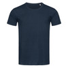 A navy blue crew neck t-shirt with short sleeves and a plain design. It features a logo on the tag.