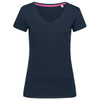 A navy women's V-neck t-shirt with short sleeves and a pink neckline, featuring a logo.