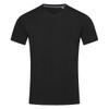 A black men's V-neck t-shirt featuring short sleeves and a simple design, with a logo on the label.