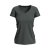 A women's V-neck t-shirt in a dark green colour, featuring a fitted design and short sleeves. It has a logo.
