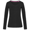 A black women's long sleeve t-shirt featuring a V-neck design and a contrasting inner neckline.