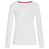 A women's long sleeve V-neck shirt in white with a contrasting inner neckline. Features a logo.