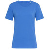 A blue women's crew neck t-shirt with short sleeves and no visible logos or branding.