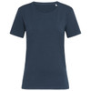 A women's crew neck t-shirt in dark blue, featuring short sleeves and a simple design with a logo.