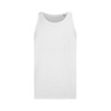 A plain white men's tank top with a round neckline and a small logo at the neck.