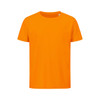 An orange T-shirt with a crew neck and short sleeves. It has a simple design and a logo on the label.