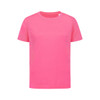 A bright pink T-shirt with short sleeves and a round neckline. The shirt features a logo.