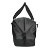 A black duffle bag with a zippered top and adjustable shoulder strap, featuring a logo on the front.