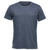 A navy blue crew neck t-shirt with short sleeves and a small logo on the side.