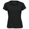 A women's black crew neck T-shirt with short sleeves, featuring a simple design and a logo on the label.