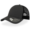 A black trucker cap with a curved visor and mesh back, featuring a branded logo on the side.