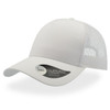 A white trucker cap with a curved visor and mesh back, featuring a logo on the side.